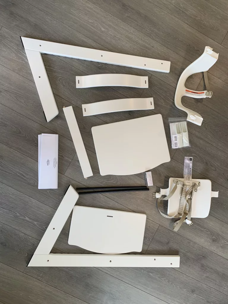 This image shows everything that came in the Stokke Tripp Trapp box before it was assembled. 