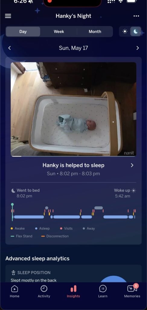 A screenshot of the sleep insights provided by the Nanit app