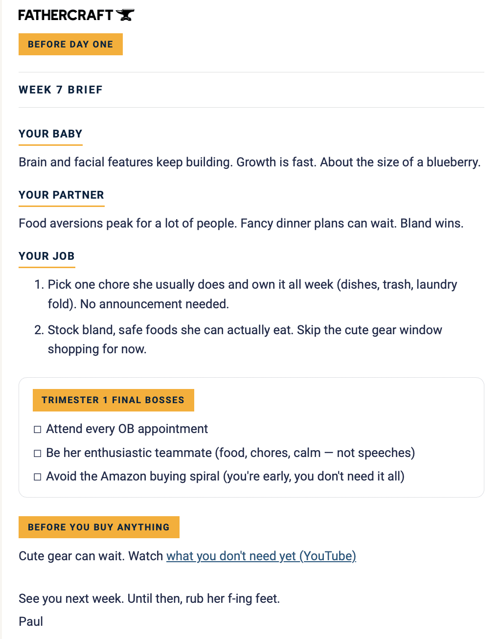 Before Day One Week 7 email with baby and partner updates, practical jobs for dad, and a note from Paul.